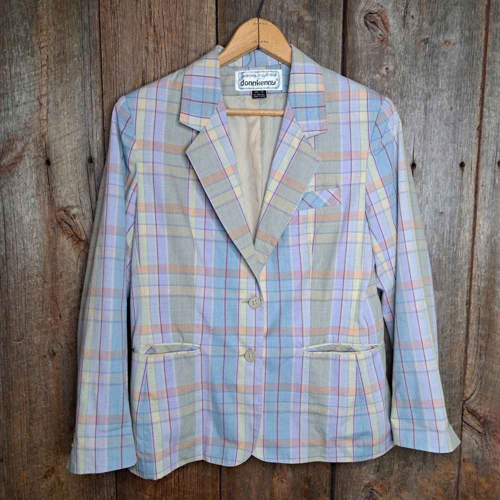 Grandmacore Light Academia Donnkenny Women's 12 Pastel Plaid Blazer Cottagecore